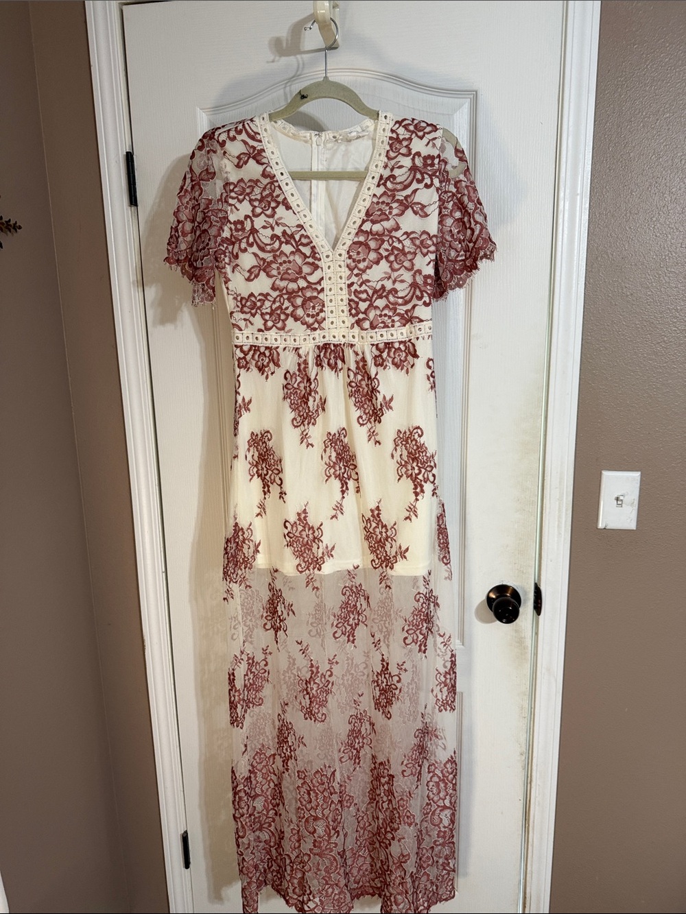 Peach Love California Cream Maxi Dress with Burgundy Lace
